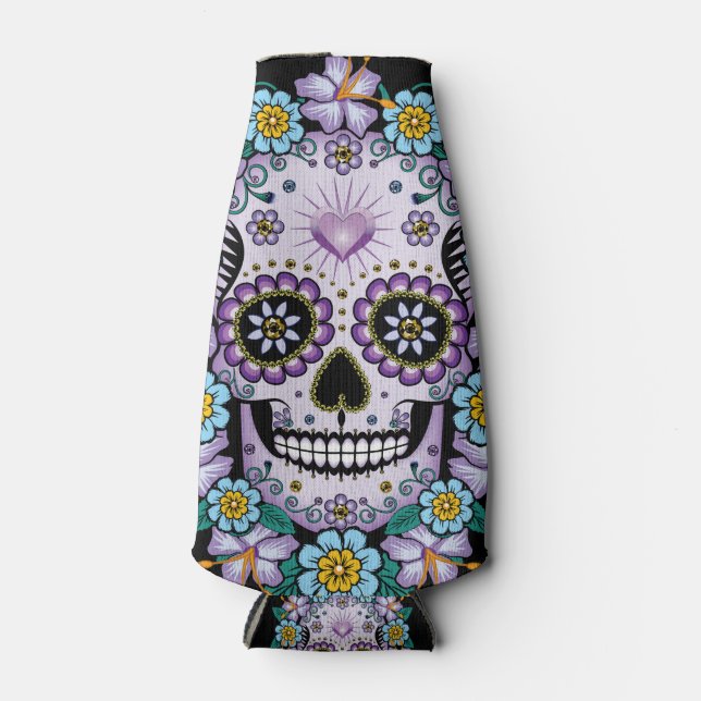 Purple Sugar Skull with Flowers Bottle Cooler (Front)