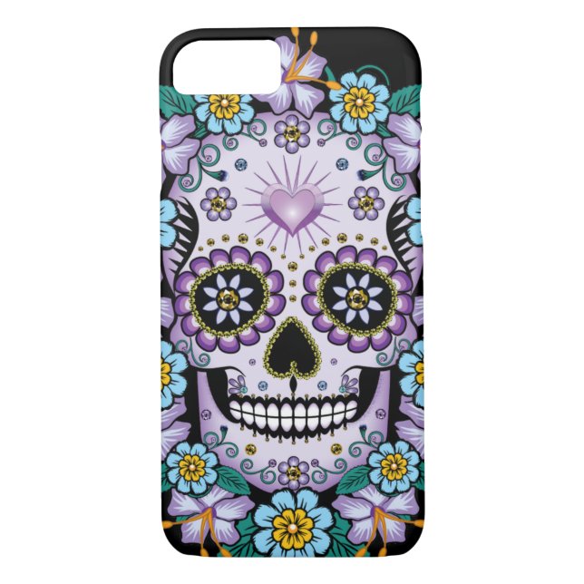 Purple Sugar Skull with Flowers Case-Mate iPhone Case (Back)