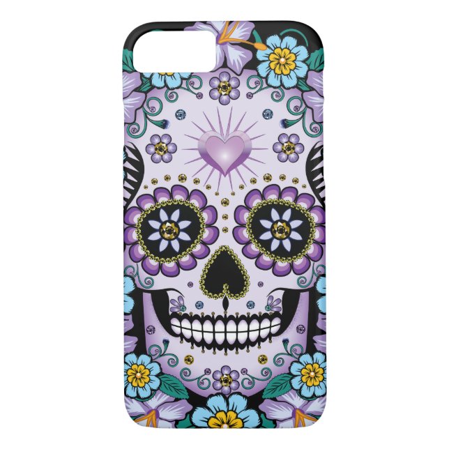 Purple Sugar Skull with Flowers Case-Mate iPhone Case (Back)