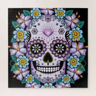 Purple Sugar Skull with Flowers Jigsaw Puzzle