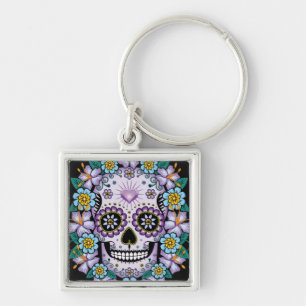 Purple Sugar Skull with Flowers Key Ring