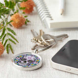 Purple Sugar Skull with Flowers Key Ring