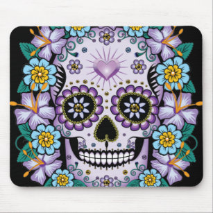 Purple Sugar Skull with Flowers Mouse Mat