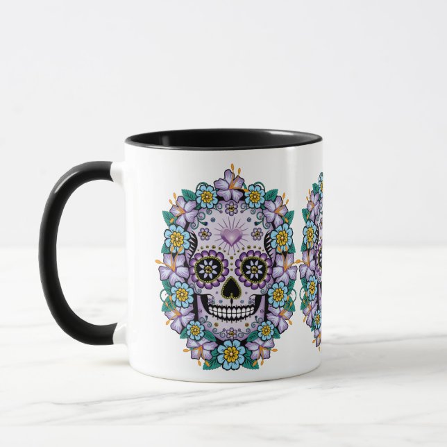 Purple Sugar Skull with Flowers Mug (Left)