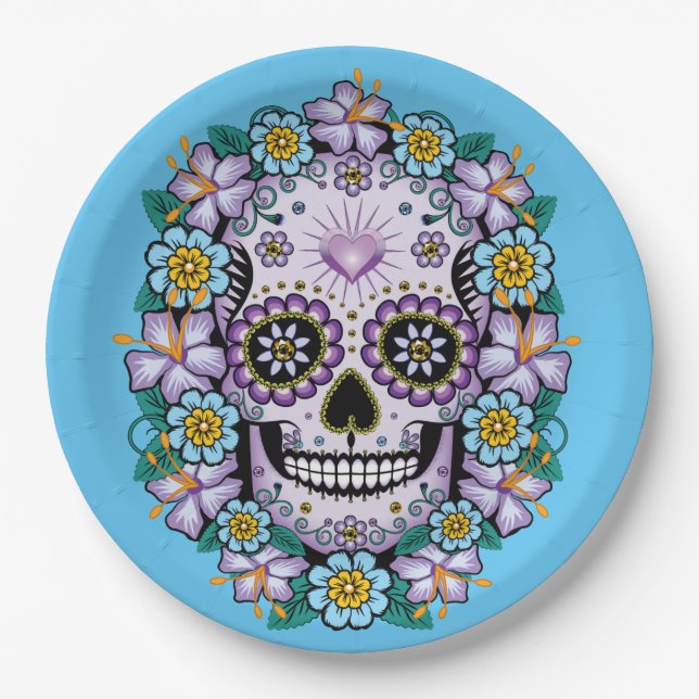 Purple Sugar Skull with Flowers Paper Plate (Front)