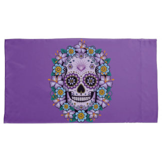 Purple Sugar Skull with Flowers Pillowcase