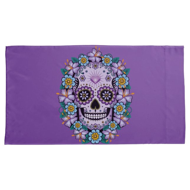 Purple Sugar Skull with Flowers Pillowcase (Front-Right)
