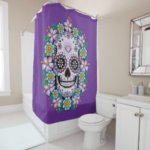 Purple Sugar Skull with Flowers Shower Curtain