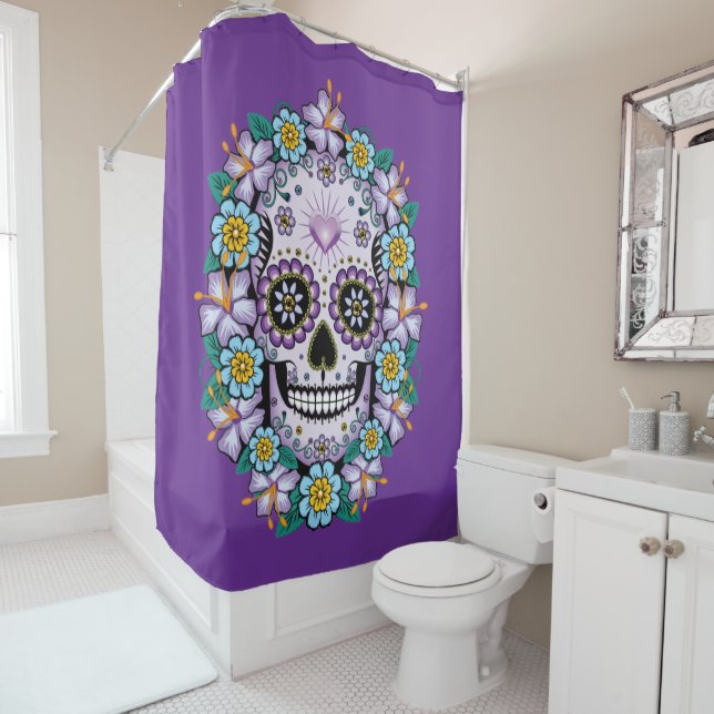 Purple Sugar Skull with Flowers Shower Curtain (In Situ)
