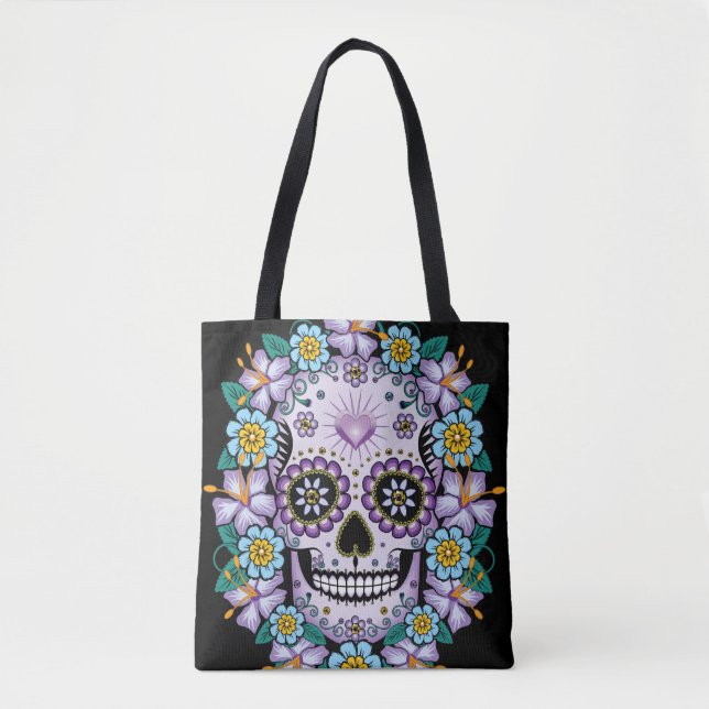 Purple Sugar Skull with Flowers Tote Bag (Front)