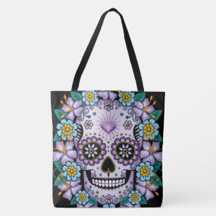Purple Sugar Skull with Flowers Tote Bag