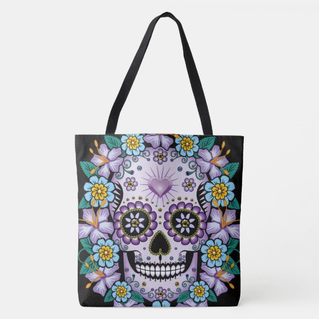 Purple Sugar Skull with Flowers Tote Bag (Front)