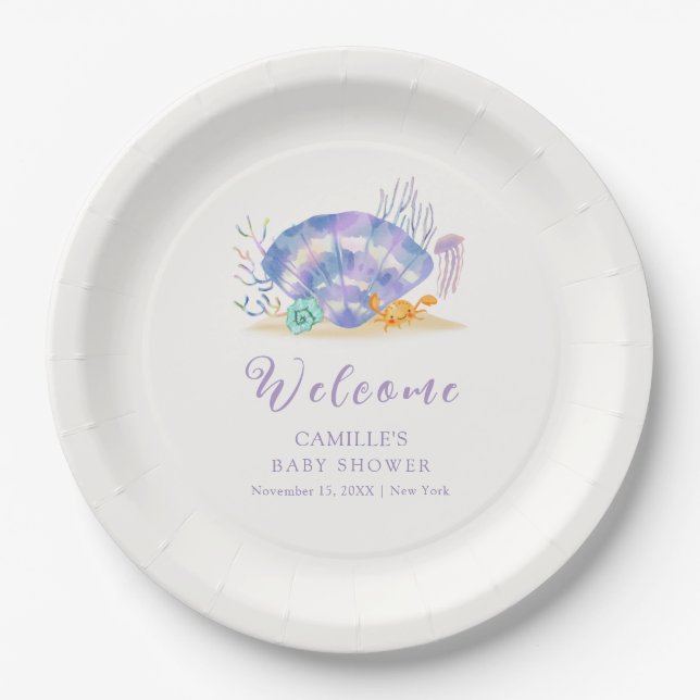 Purple Summer Sea Pearl Girl Baby Shower Welcome  Paper Plate (Front)
