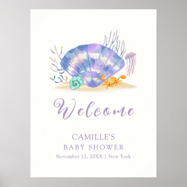 Purple Summer Sea Pearl Girl Baby Shower Welcome  Poster (Front)