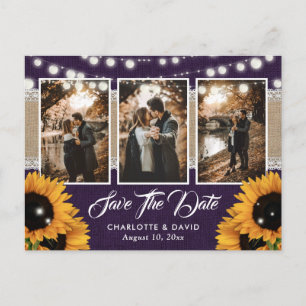 Purple Sunflower Burlap Photo Collage Wedding Announcement Postcard