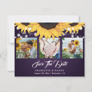 Purple Sunflower Floral Lace 3 Photo Wedding Save The Date
