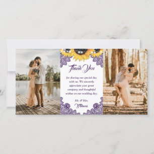Purple Sunflower Floral Lace Photo Wedding Thank You Card