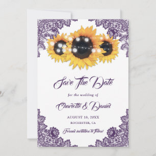 Purple Sunflower Floral Lace Rustic Wedding Save The Date