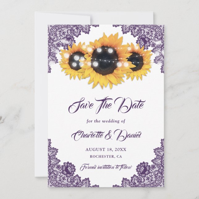 Purple Sunflower Floral Lace Rustic Wedding Save The Date (Front)