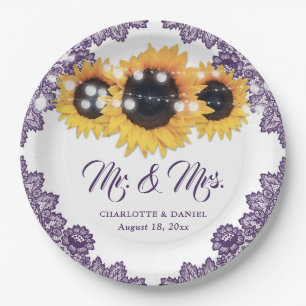 Purple Sunflower Floral Lace Wedding Paper Plate
