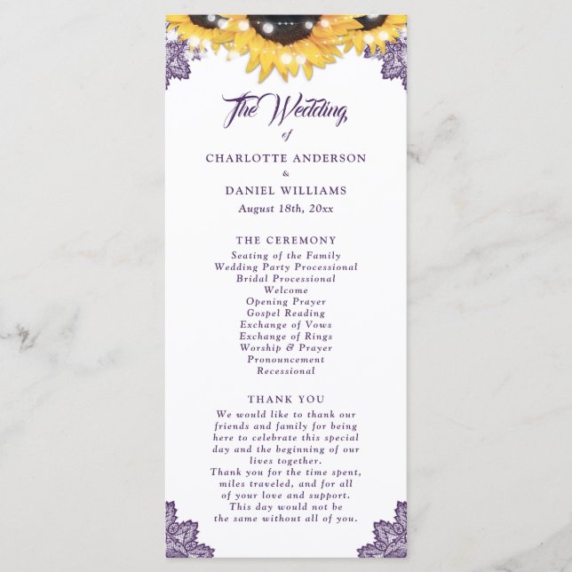 Purple Sunflower Floral Lace Wedding Program Programme (Front)