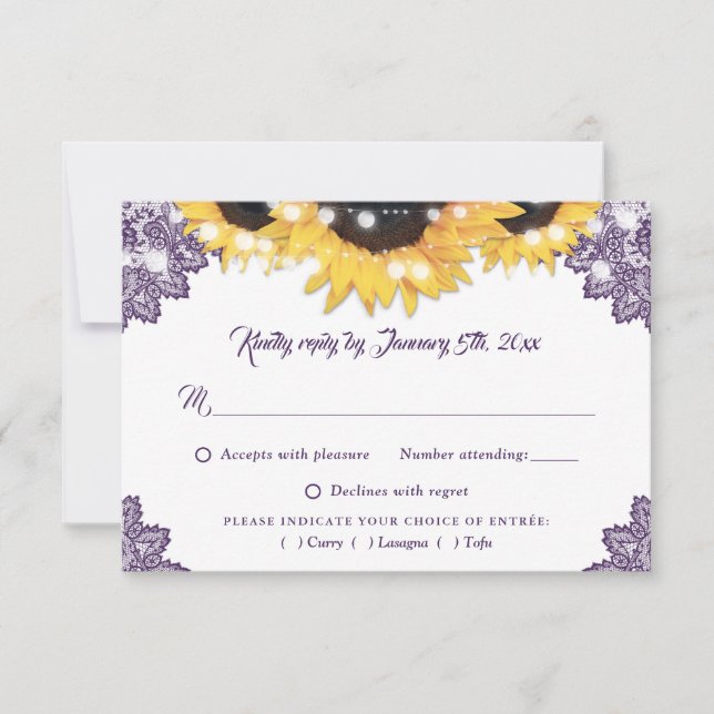 Purple Sunflower Lace Wedding Meal Choice RSVP Card (Front)