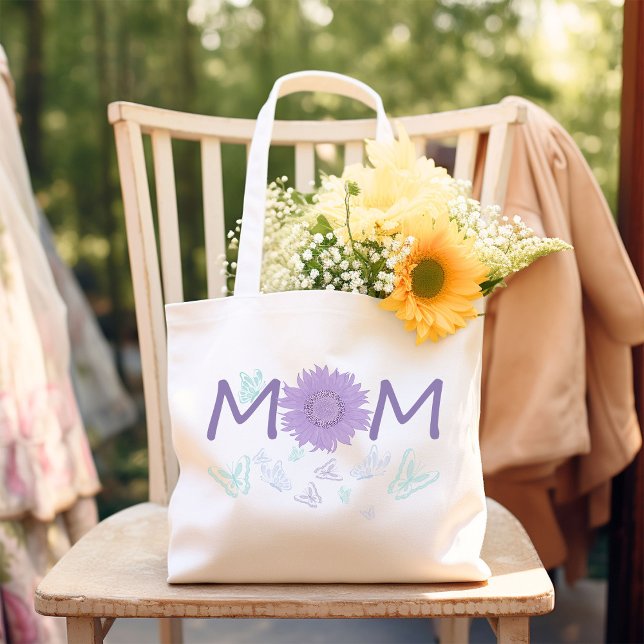 Purple Sunflower MOM | Watercolor Butterflies Large Tote Bag (Creator Uploaded)