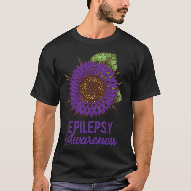 Purple Sunflower Ribbon Epilepsy Awareness Support T-Shirt (Front)
