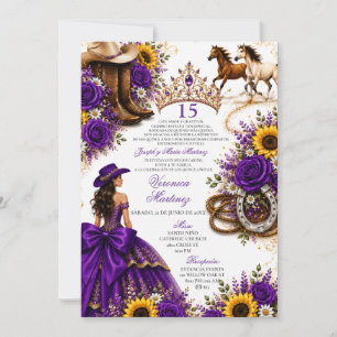 Purple Sunflower Rose Vaquera Quinceañera Invitation