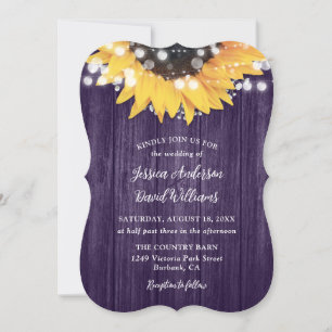 Purple Sunflower Rustic Barn Wood Wedding Invitation