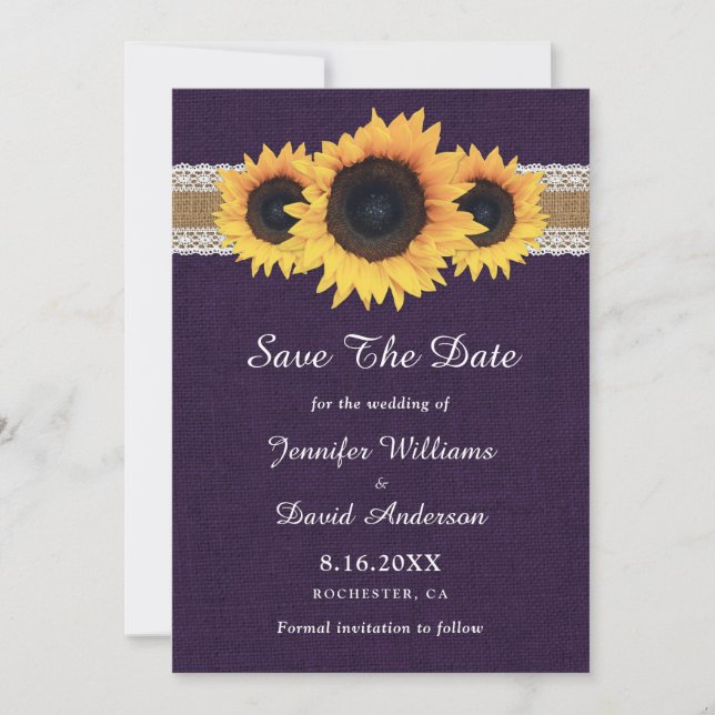 Purple Sunflower Rustic Burlap Lace Wedding Save The Date (Front)