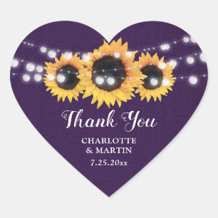 Purple Sunflower Rustic Country Wedding Thank You Heart Sticker