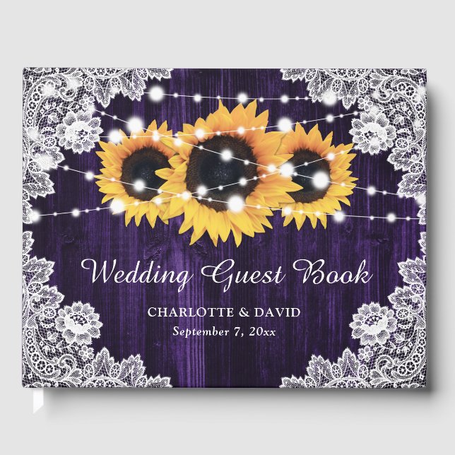 Purple Sunflower Rustic Wood Lace Wedding Guest Book (Front)