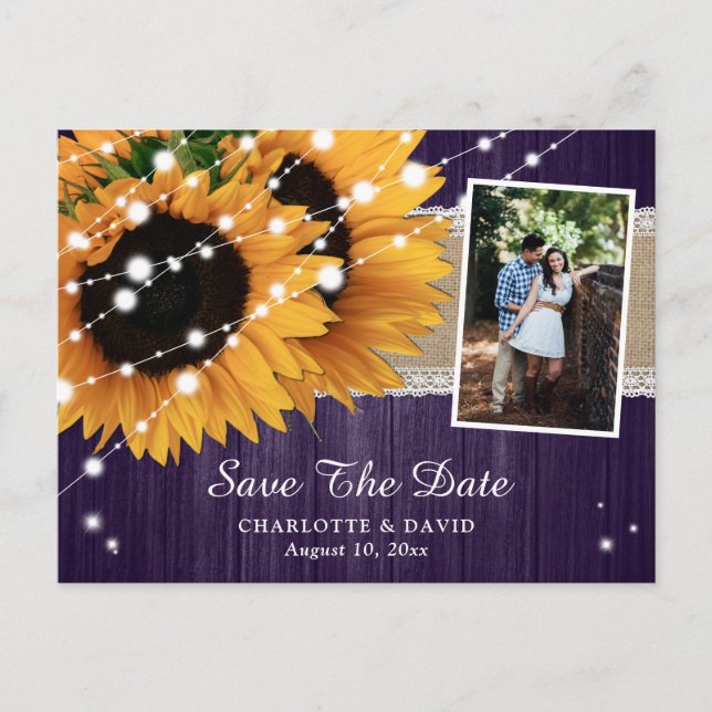 Purple Sunflower Save The Date Photo Postcards (Front)