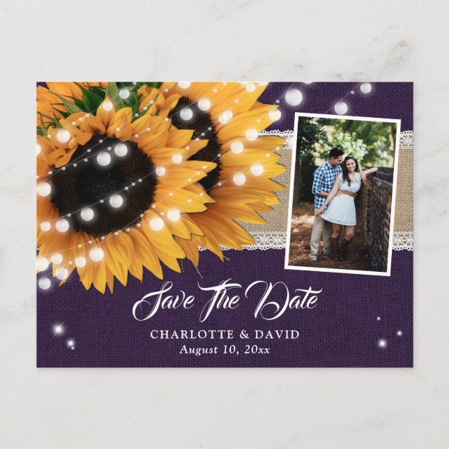 Purple Sunflower Save The Date Photo Postcards (Front)