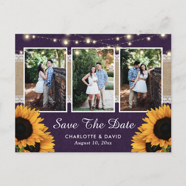 Purple Sunflower Save The Date Photo Postcards (Front)