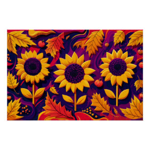 Purple Sunflower Trio, Folky Flowers for Fall Poster