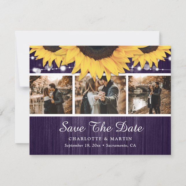 Purple Sunflower Wedding Photo Save The Date (Front)