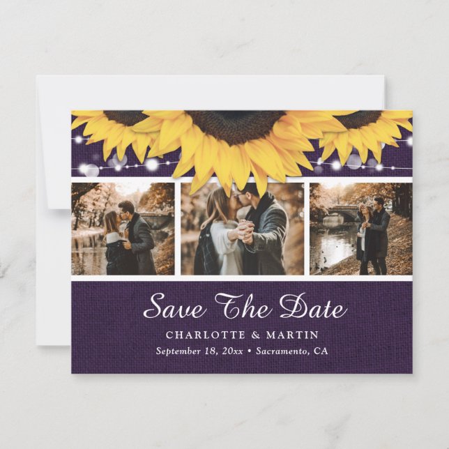 Purple Sunflower Wedding Photo Save The Date (Front)
