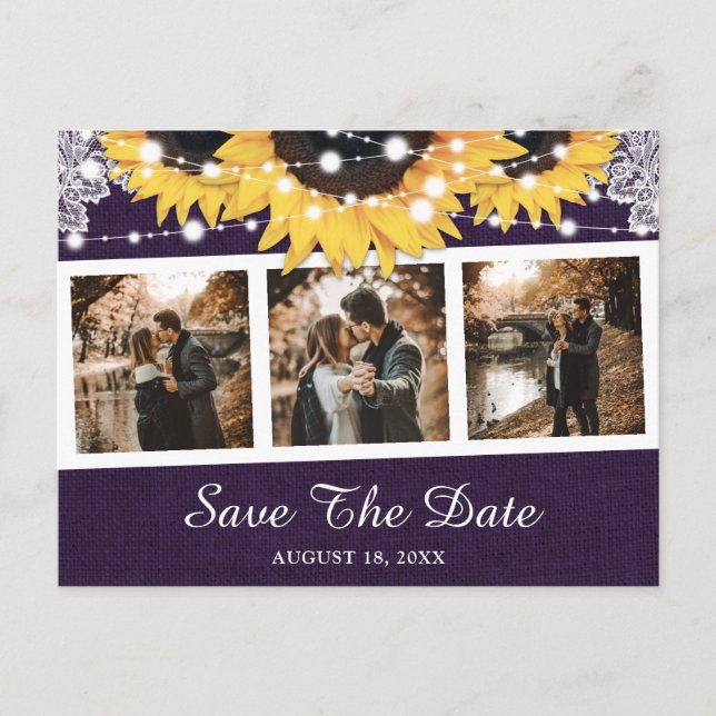 Purple Sunflower Wedding Photo Save The Date Announcement Postcard (Front)