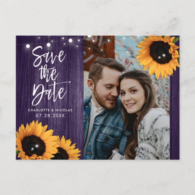 Purple Sunflower Wedding Save The Date Photo Postcard (Front)