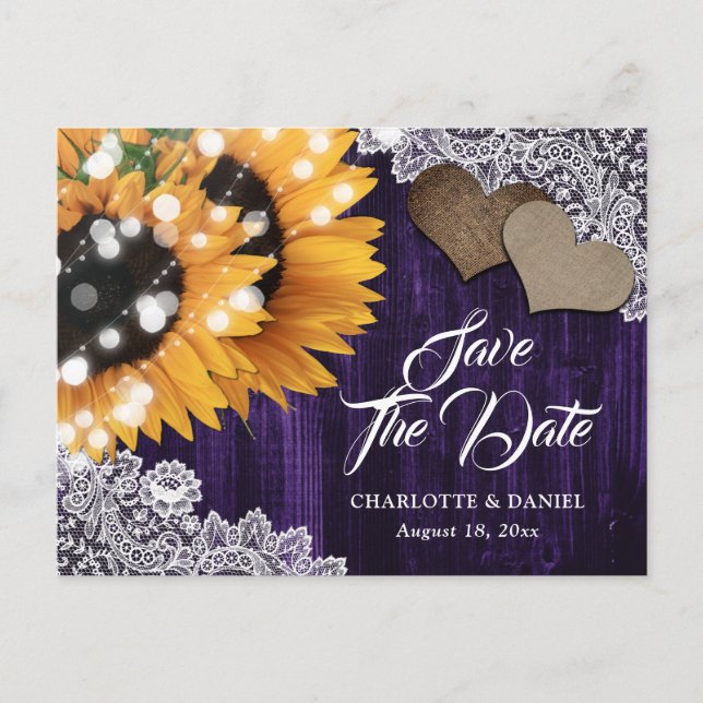 Purple Sunflower Wedding Save The Date Postcard (Front)