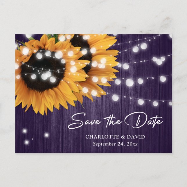 Purple Sunflower Wedding Save The Date Postcard (Front)