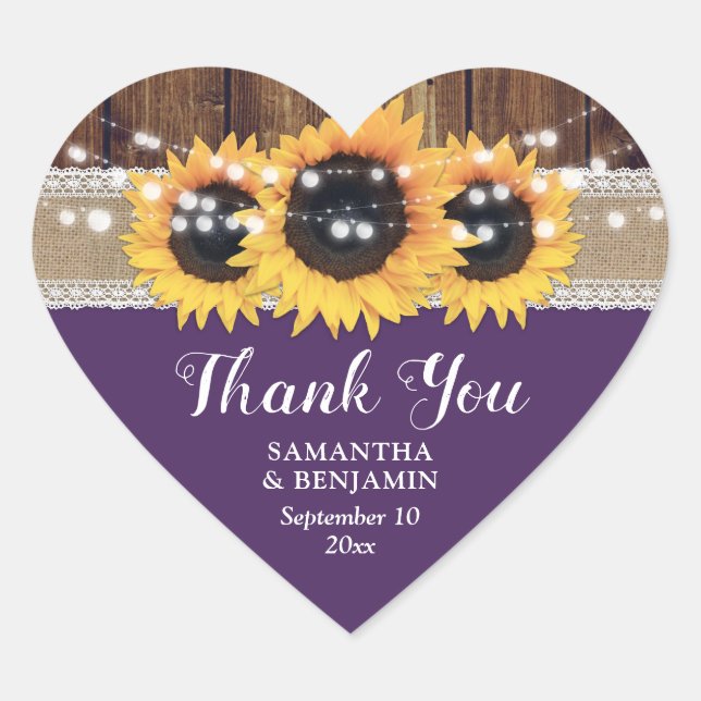 Purple Sunflower Wedding Thank You Heart Sticker (Front)