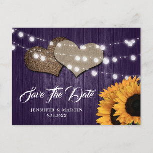 Purple Sunflower Wood Burlap Hearts Lights Wedding Postcard