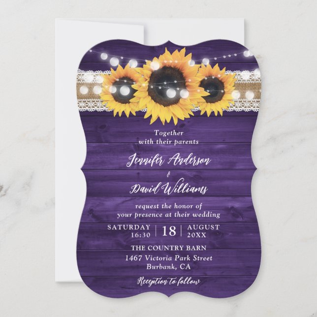 Purple Sunflower Wood Burlap String Lights Wedding Invitation (Front)