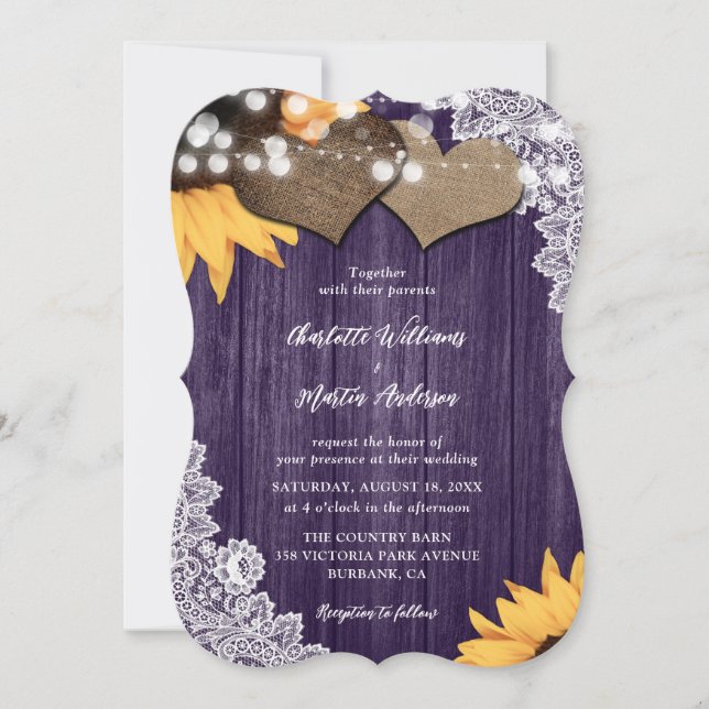 Purple Sunflower Wood Floral Lace Wedding Invitation (Front)
