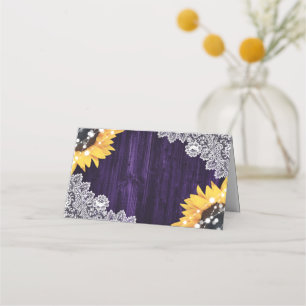 Purple Sunflower Wood Floral Lace Wedding Place Card