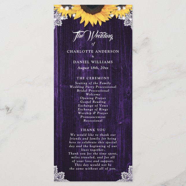 Purple Sunflower Wood Floral Lace Wedding Program Programme (Front)