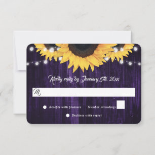 Purple Sunflower Wood String Lights Wedding RSVP Card